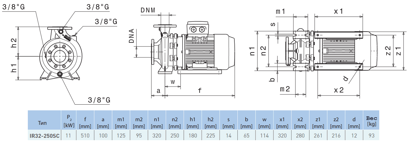 Габаритный чертеж насоса Saer IR32-250 SC