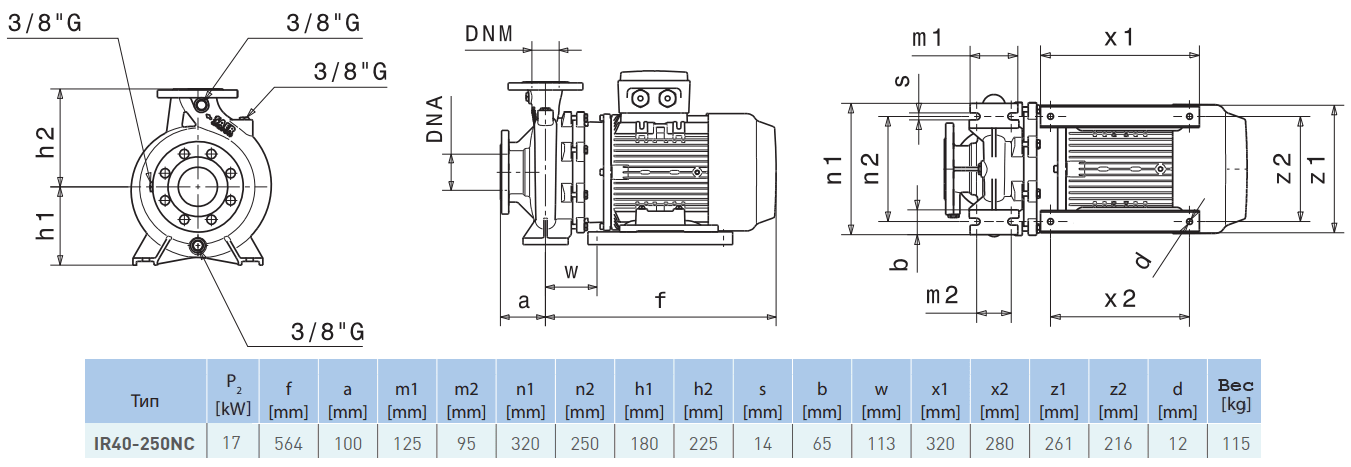 Габаритный чертеж насоса Saer IR40-250 NC