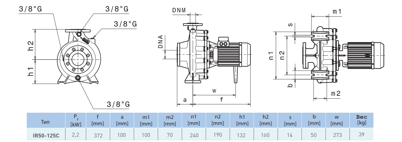 Габаритный чертеж насоса Saer IR50-125 C