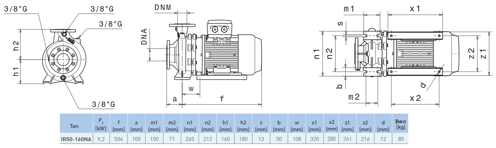 Габаритный чертеж насоса Saer IR50-160 NA