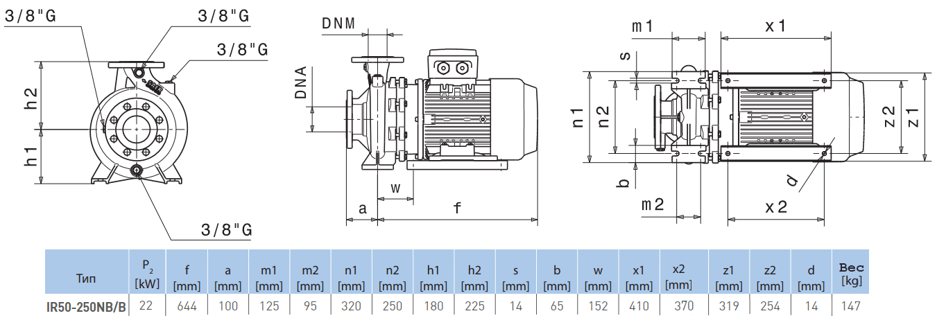 Габаритный чертеж насоса Saer IR50-250 NB/B
