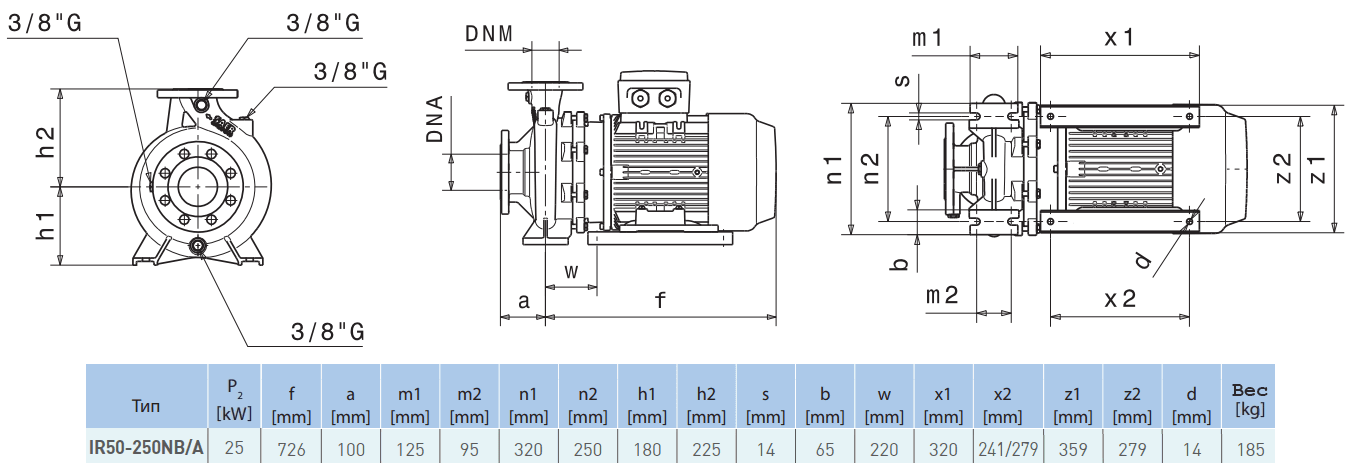 Габаритный чертеж насоса Saer IR50-250 NB/A
