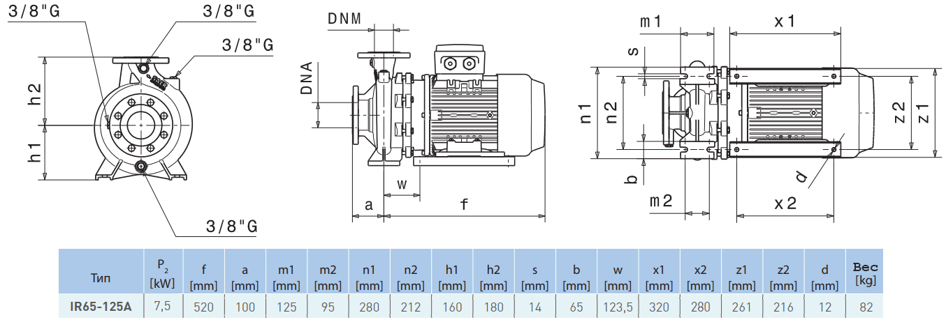Габаритный чертеж насоса Saer IR65-125 A