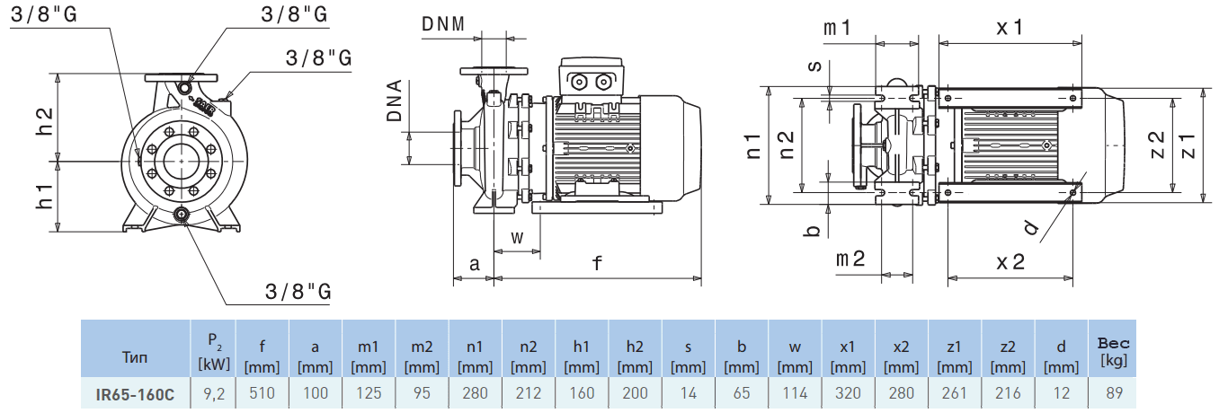 Габаритный чертеж насоса Saer IR65-160 C