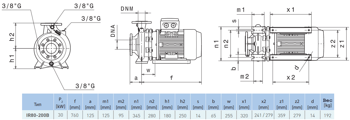 Габаритный чертеж насоса Saer IR80-200 B