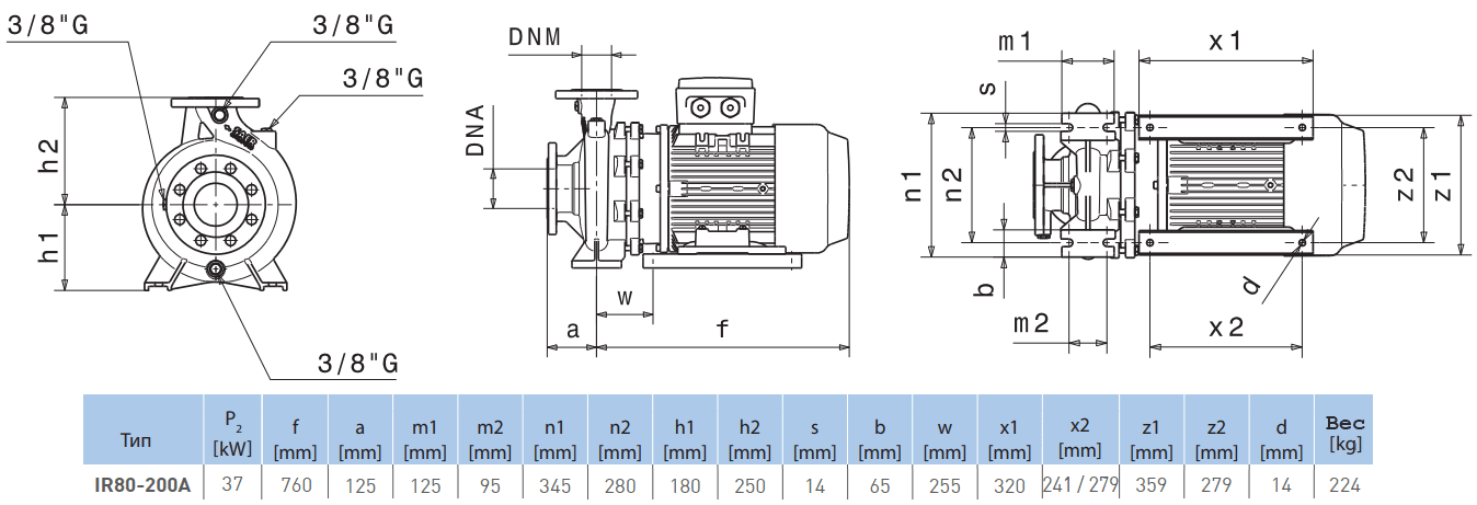 Габаритный чертеж насоса Saer IR80-200 A
