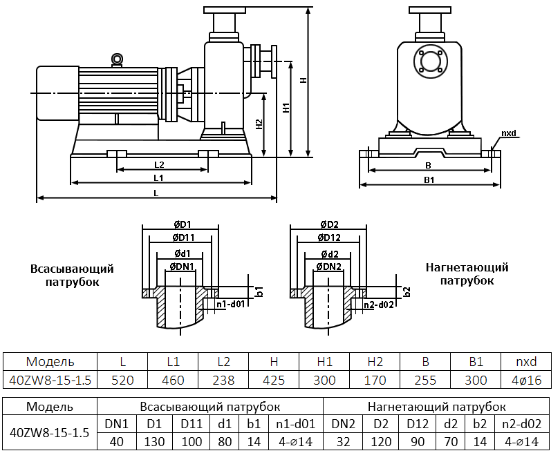 Габаритный чертеж самовсасывающего дренажного насоса ZY Drain 40ZW8-15-1.5