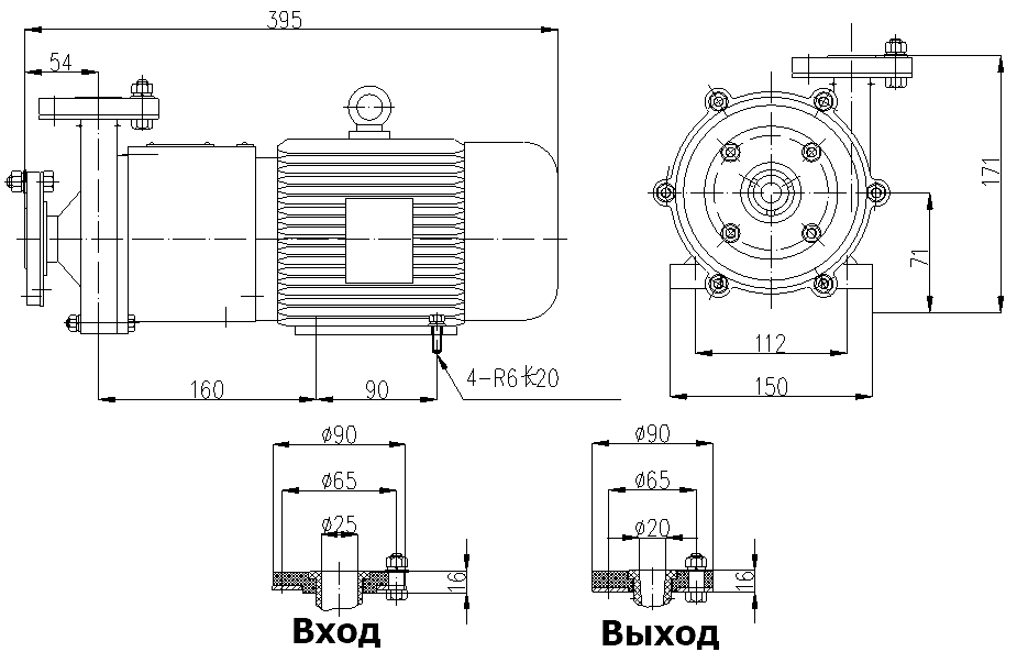 Габаритный чертеж модели CQB 25-20-100-Fe-M-003