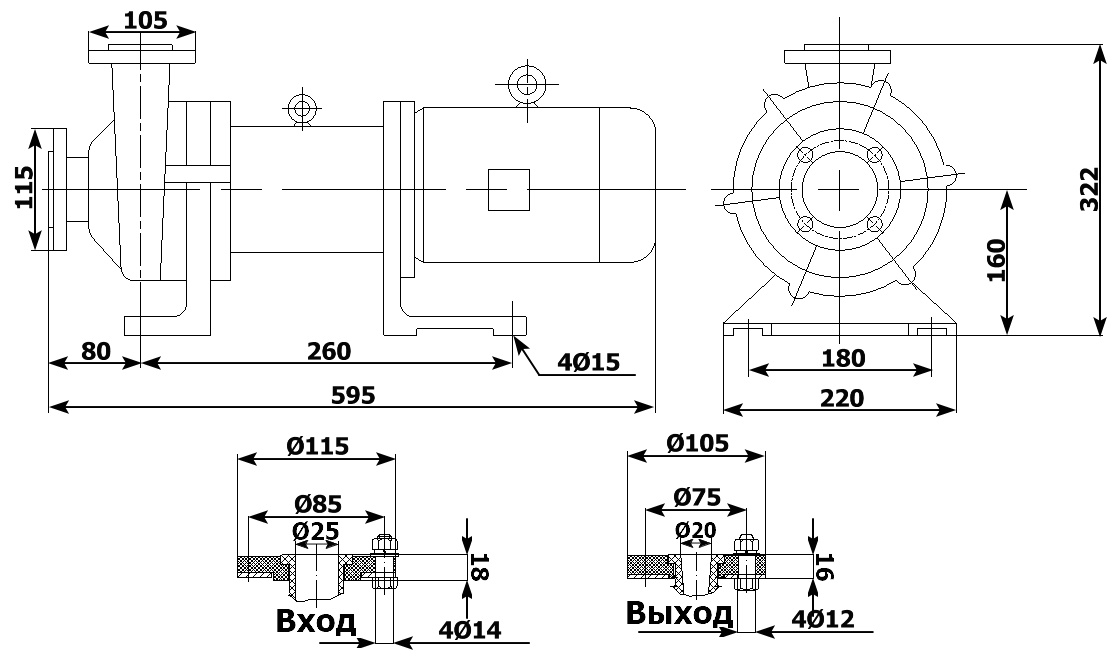 Габаритный чертеж модели CQB 25-20-160-Fe-M-015
