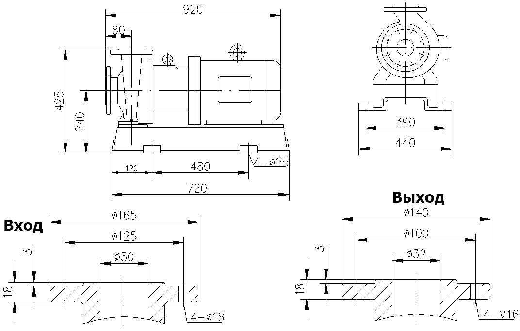 Габаритный чертеж модели CQB 50-32-200-Nd-PPS-150