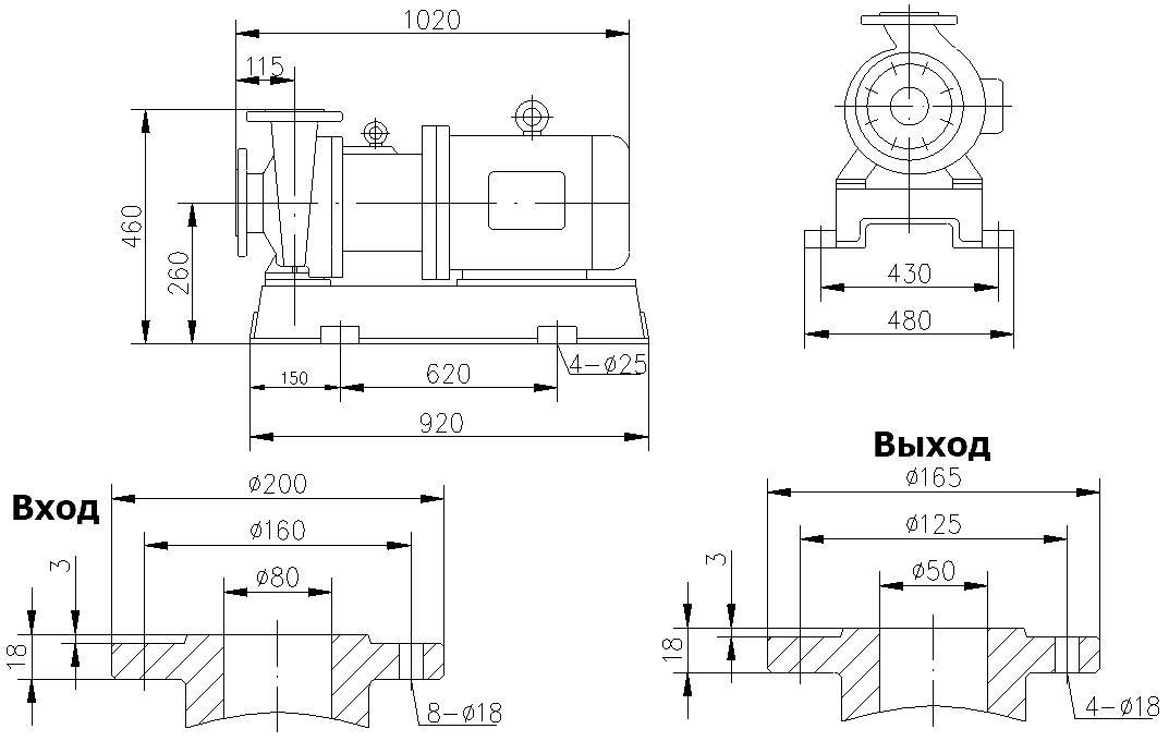 Габаритный чертеж модели CQB 80-50-200-Nd-PPS-220