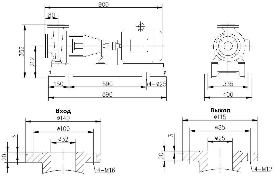 Габаритный чертеж насоса IHF 32-25-125/2-FEP/C-015