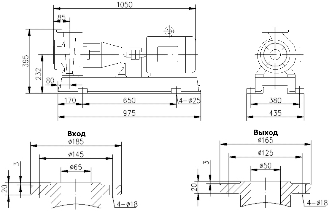 Габаритный чертеж насоса IHF 65-50-160/2-FEP/C-075