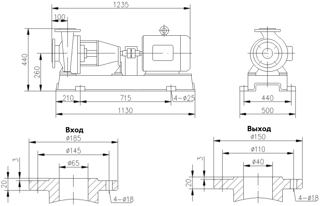 Габаритный чертеж насоса IHF 65-40-200/2-FEP/C-185