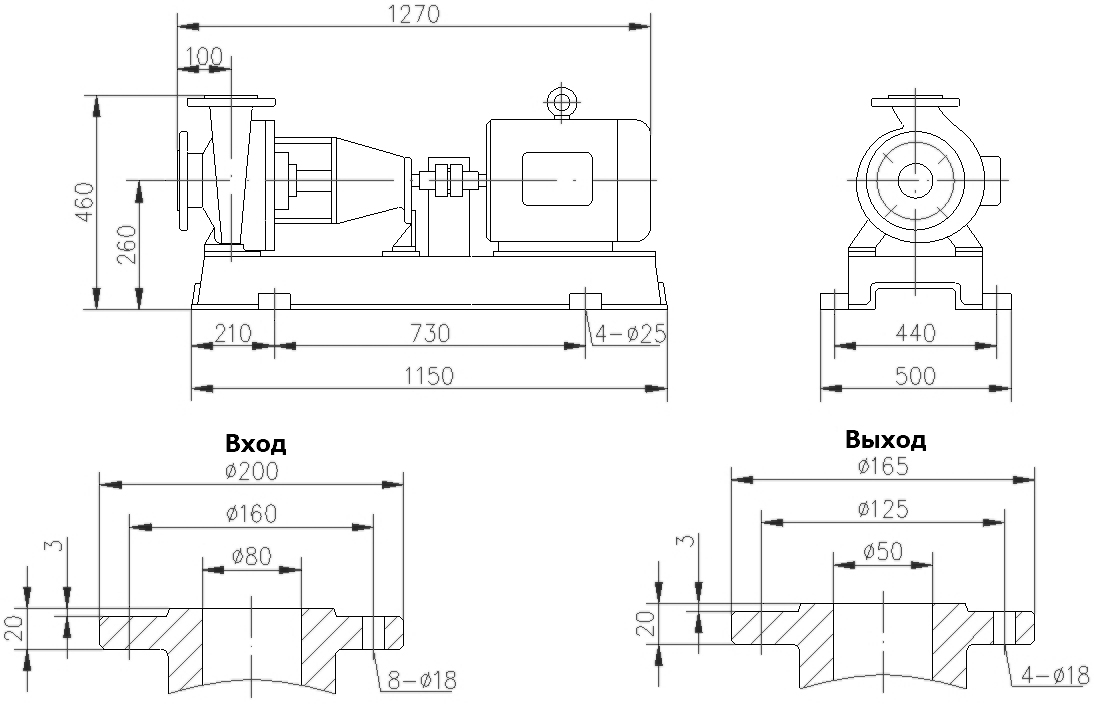 Габаритный чертеж насоса IHF 80-50-200/2-FEP/C-220