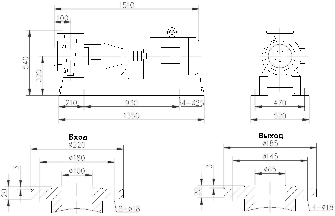 Габаритный чертеж насоса IHF 100-65-200/2-FEP/C-300