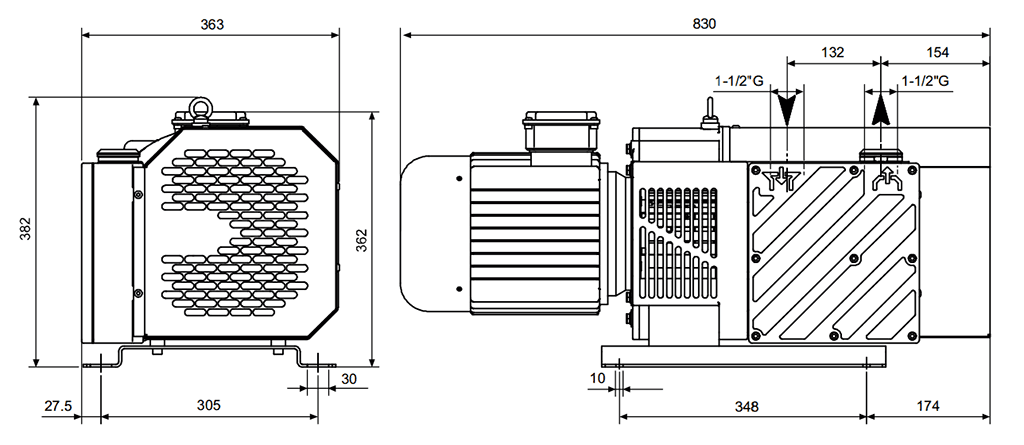 Габаритный чертеж безмасляного вакуумного насоса Pneumofore UVD140