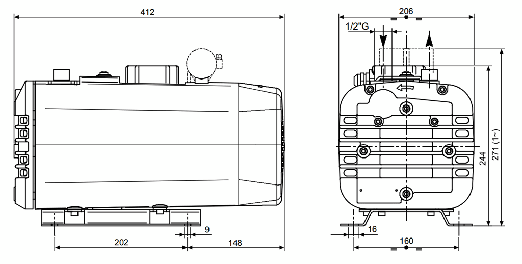 Габаритный чертеж безмасляного вакуумного насоса Pneumofore UVD16