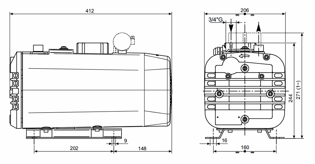 Габаритный чертеж безмасляного вакуумного насоса Pneumofore UVD25