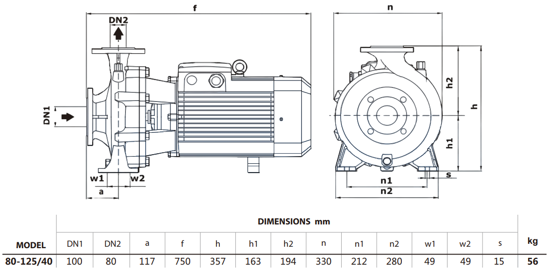 Габаритный чертеж модели Zenova SEN 80-125/40