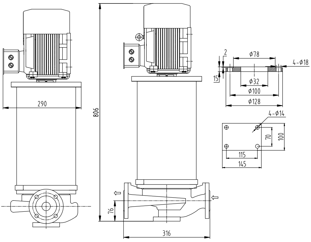 Габаритный чертеж насоса ZY Technology LQLRY 32-32-170