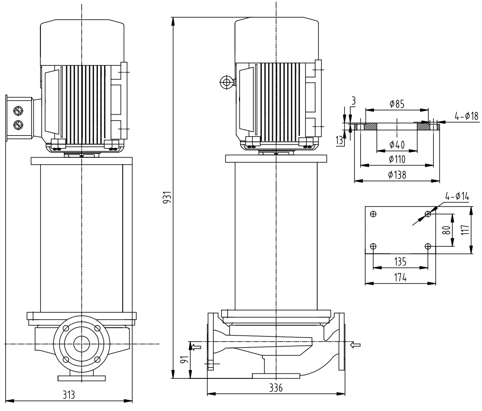 Габаритный чертеж насоса ZY Technology LQLRY 40-40-210 