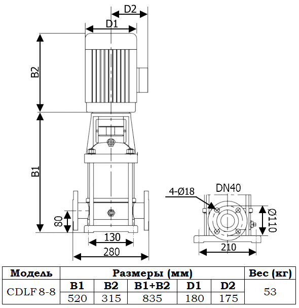 Габаритный чертеж модели Zenova CDLF 8-8