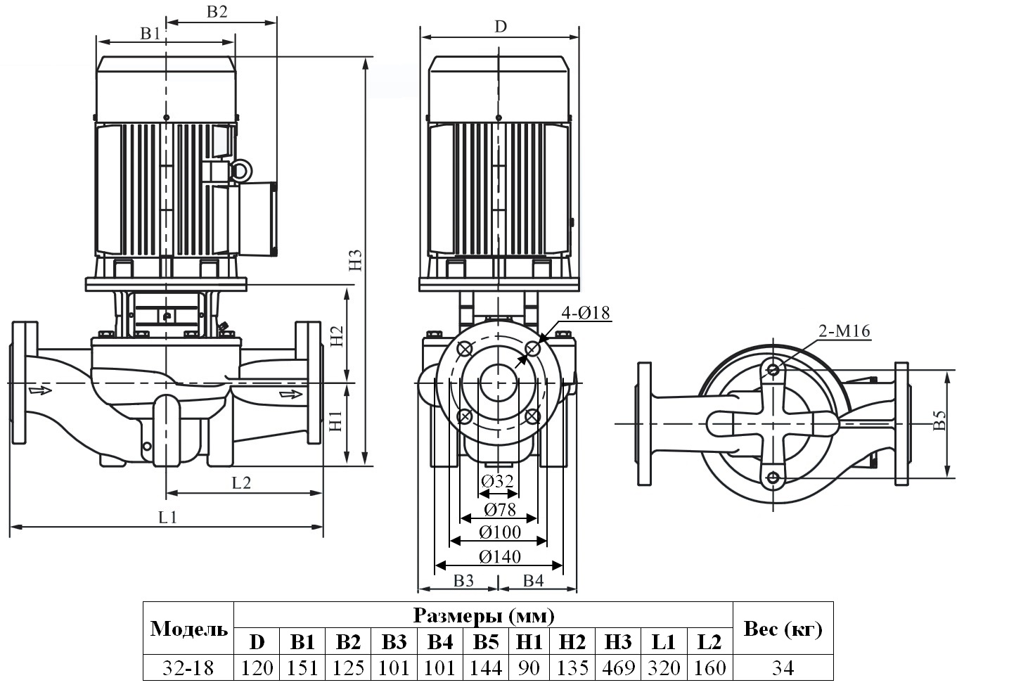 Габаритный чертеж модели PTD 32-18/2