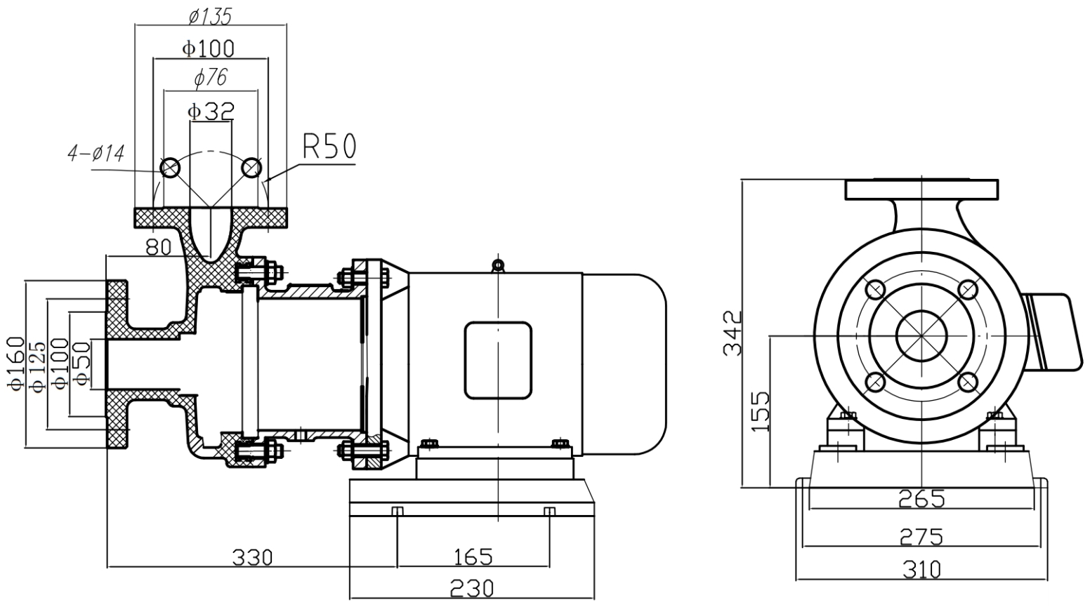 Габаритный чертеж насоса ZY Technology S50x32-32
