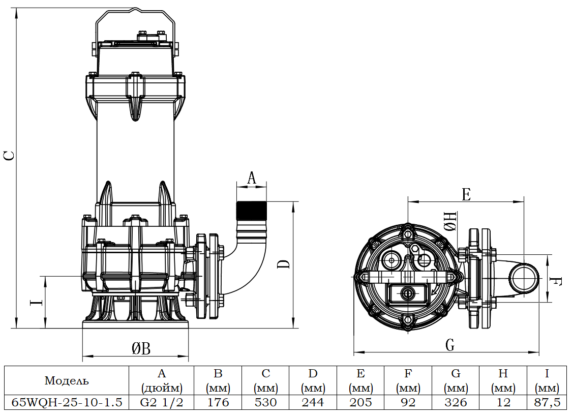Габаритный чертеж модели 65WQH-25-10-1.5_220