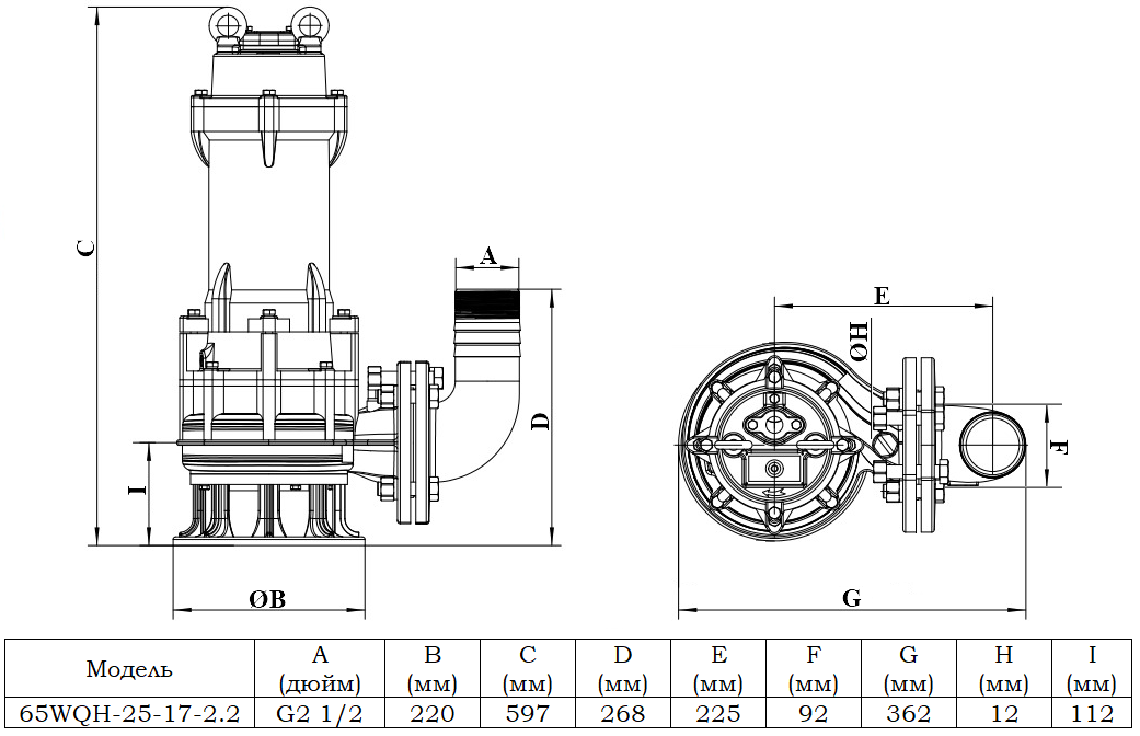 Габаритный чертеж модели 65WQH-25-17-2.2