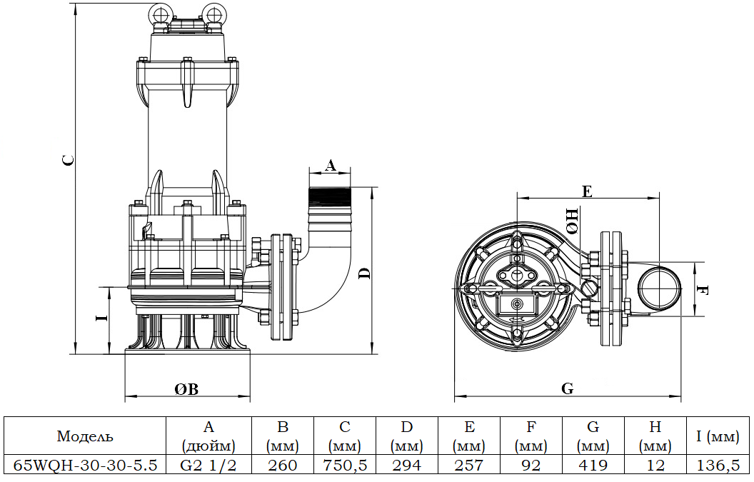 Габаритный чертеж модели 65WQH-30-30-5.5