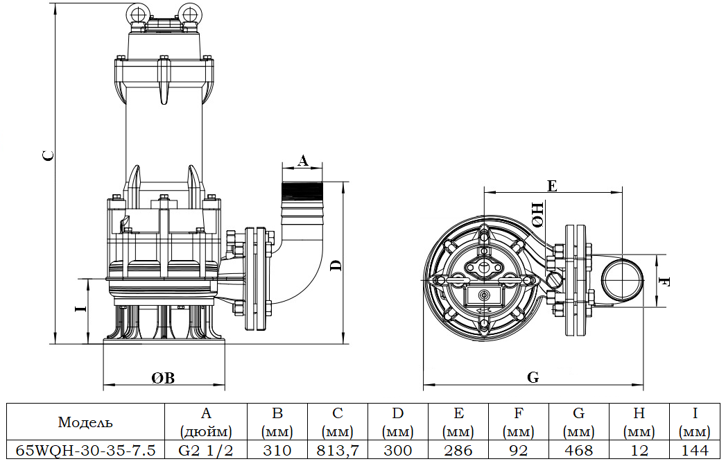 Габаритный чертеж модели 65WQH-30-35-7.5