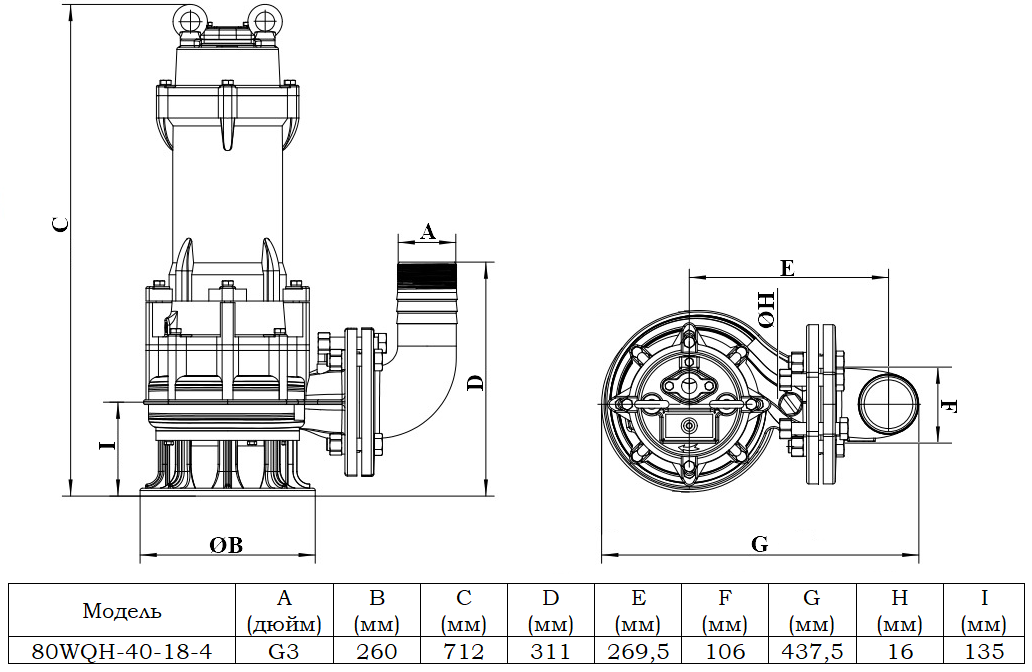 Габаритный чертеж модели 80WQH-40-18-4
