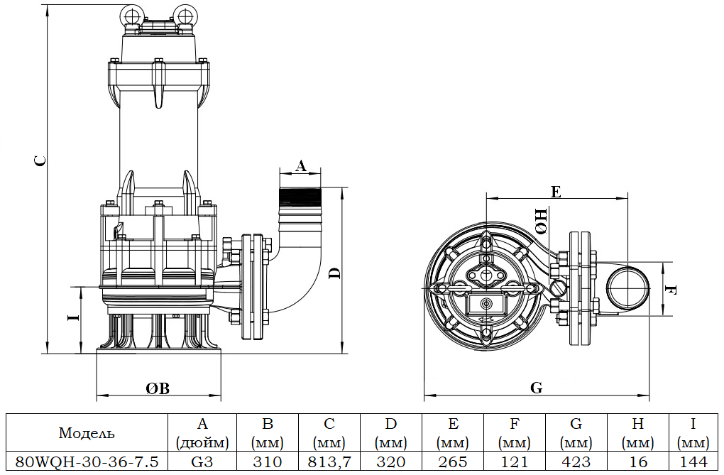 Габаритный чертеж модели 80WQH-30-36-7.5