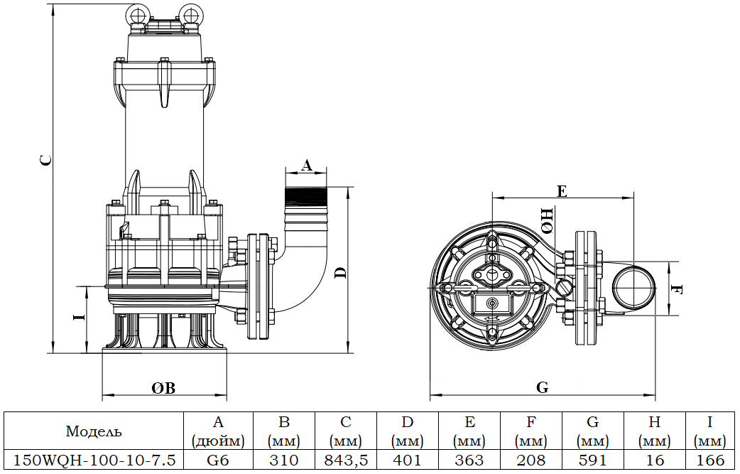 Габаритный чертеж модели 150WQH-100-10-7.5