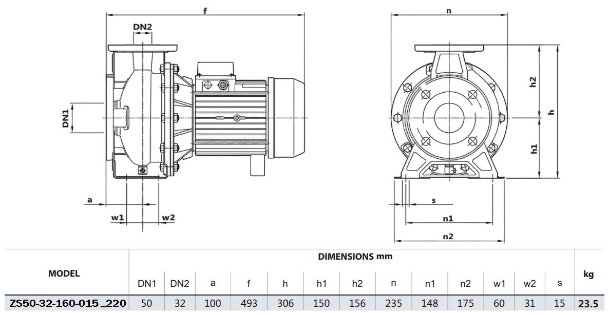 Габаритный чертеж модели Zenova ZS50-32-160-015_220