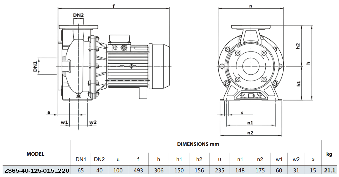 Габаритный чертеж модели Zenova ZS65-40-125-015_220