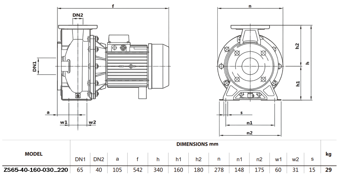 Габаритный чертеж модели Zenova ZS65-40-160-030_220