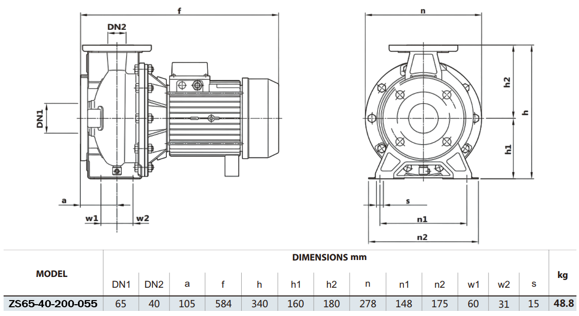 Габаритный чертеж модели Zenova ZS65-40-200-055