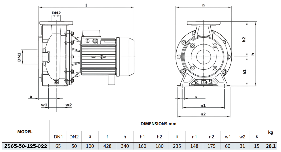 Габаритный чертеж модели Zenova ZS65-50-125-022