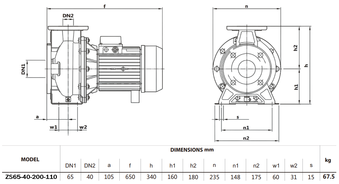 Габаритный чертеж модели Zenova ZS65-40-200-110