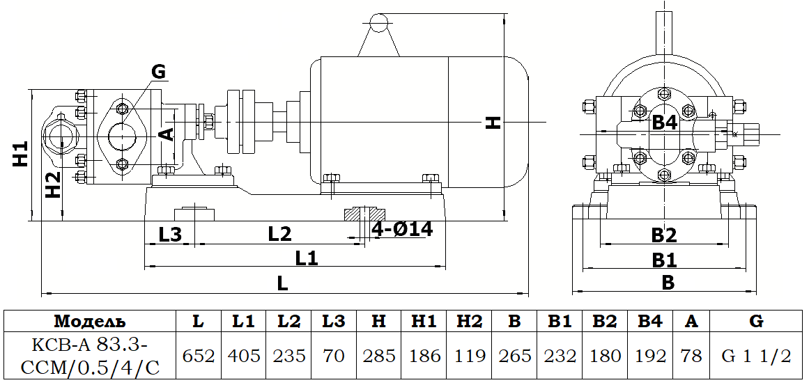 Габаритный чертеж насоса KCB-A 83.3-CCM/0.5/4/C