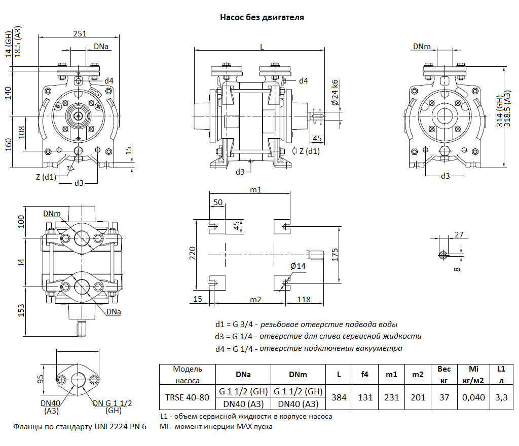Габаритный чертеж вакуумного насоса Pompetravaini TRSE 40-80* F