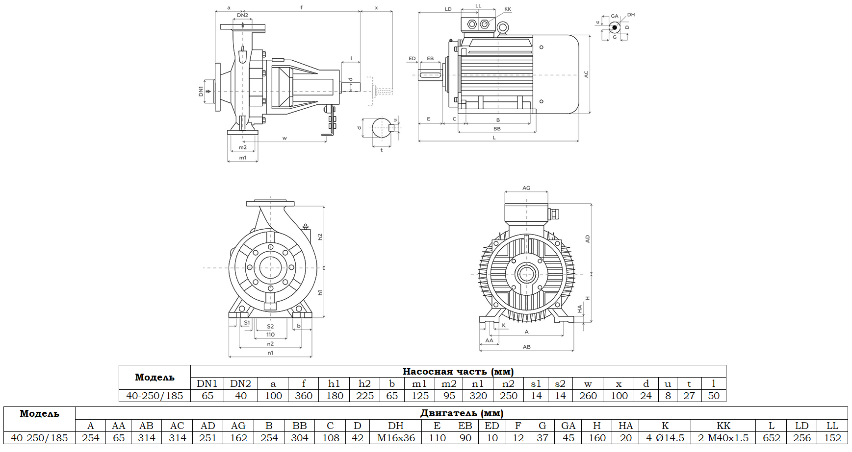 Габаритный чертеж модели Zenova SENSA 40-250/185