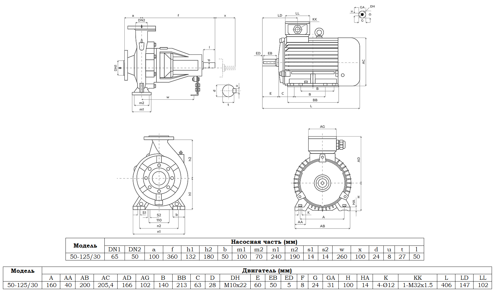 Габаритный чертеж модели Zenova SENSA 50-125/30