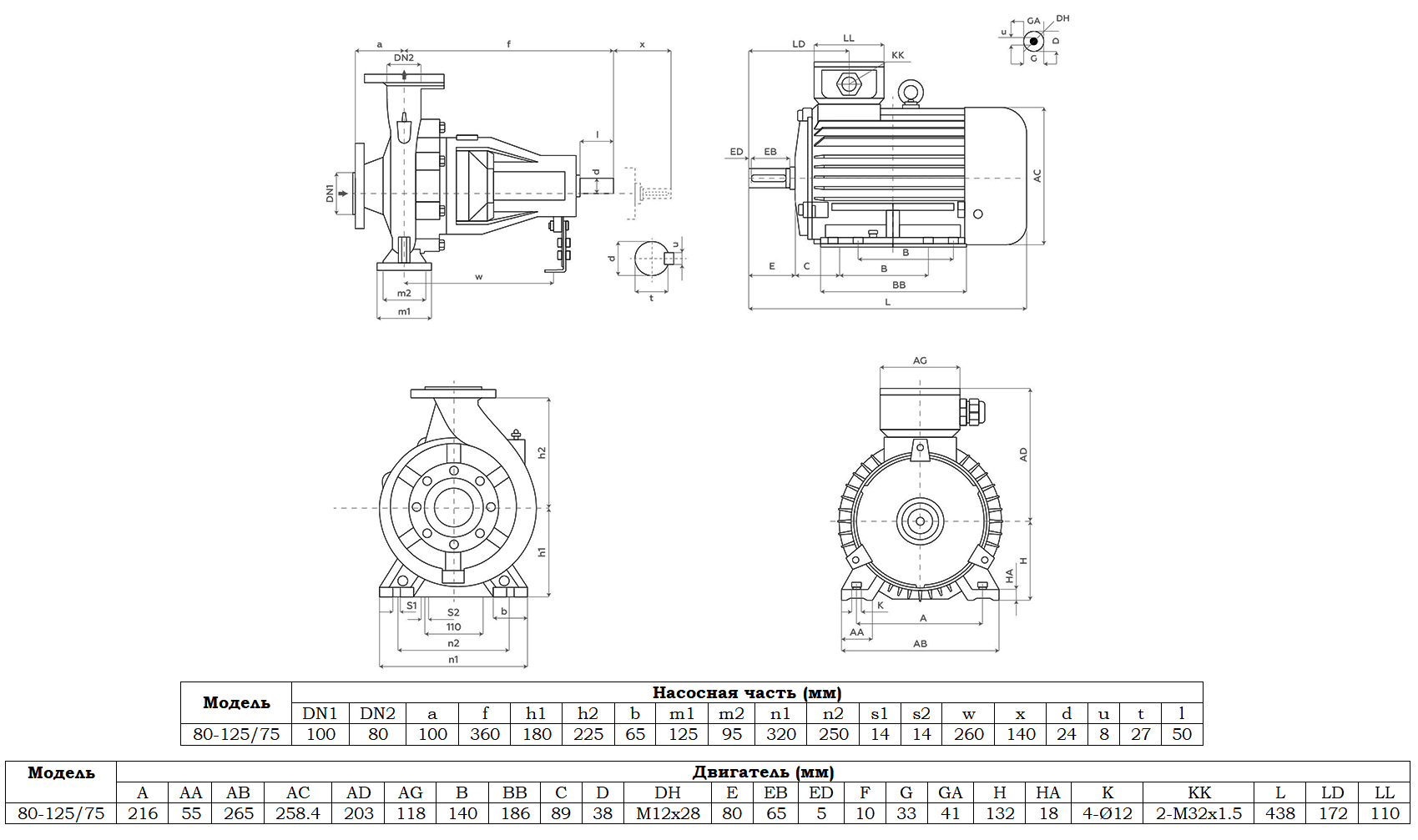 Габаритный чертеж модели Zenova SENSA 80-125/75