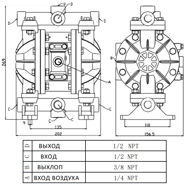 Габаритный чертеж насоса BP15PP-PTT4-B
