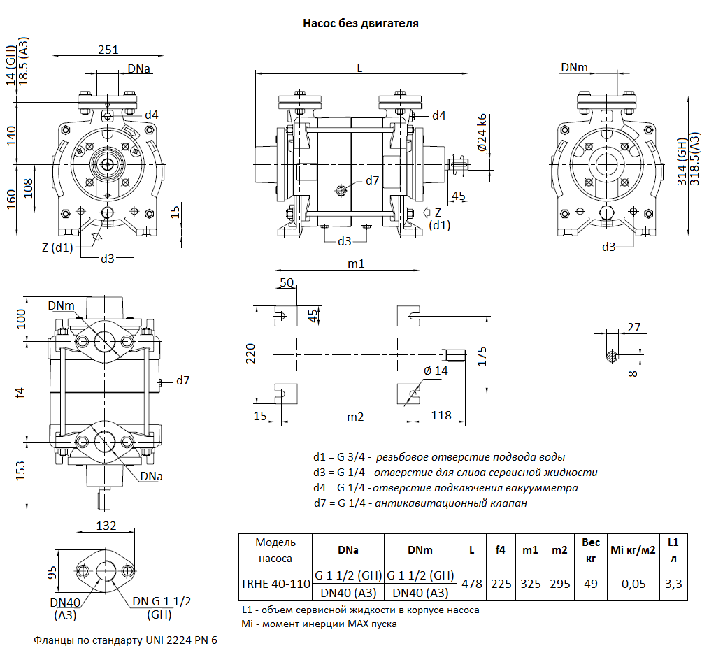 Габаритный чертеж вакуумного насоса Pompetravaini TRHE 40-110 F