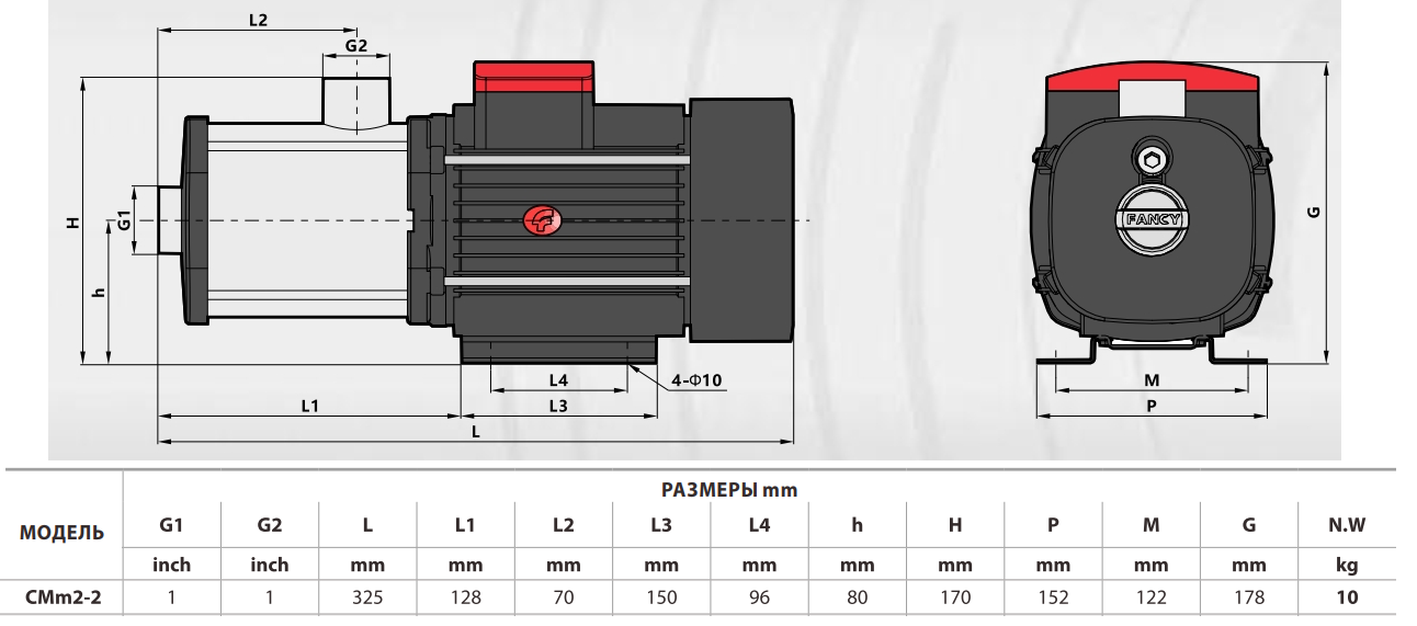 Габаритный чертеж насоса Fancy CMm 2-2